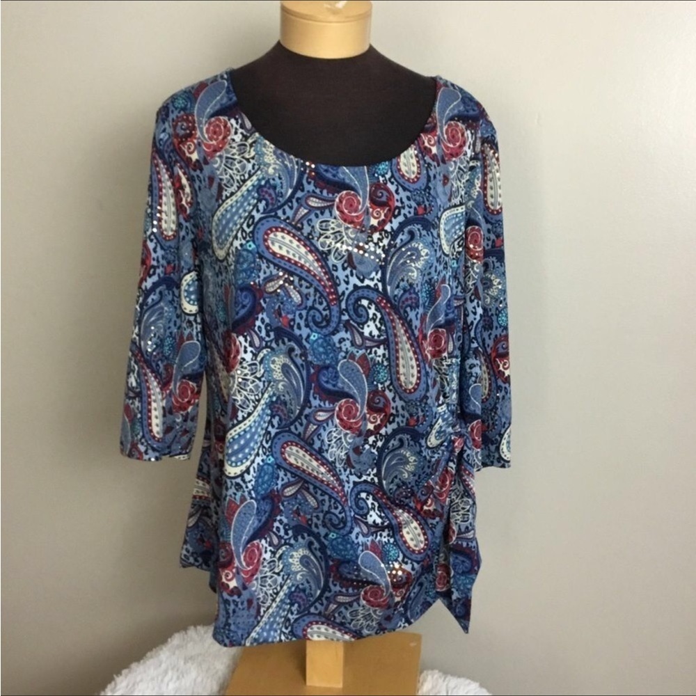 HABAND Salon Studio blouse Woman’s XLP paisley pleated side tie gold shi…